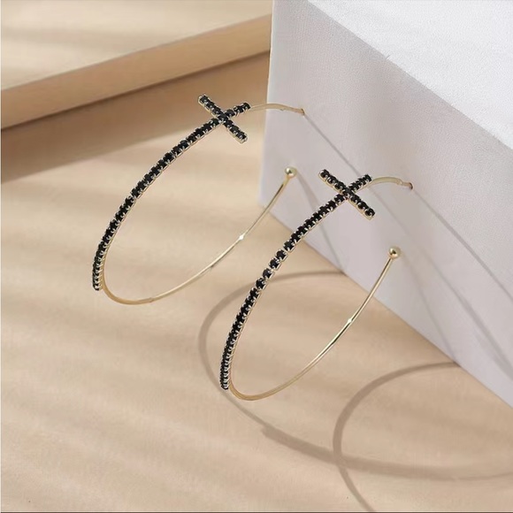 Cubic Zirconia Cross Large Hoop Earrings - Picture 2 of 5